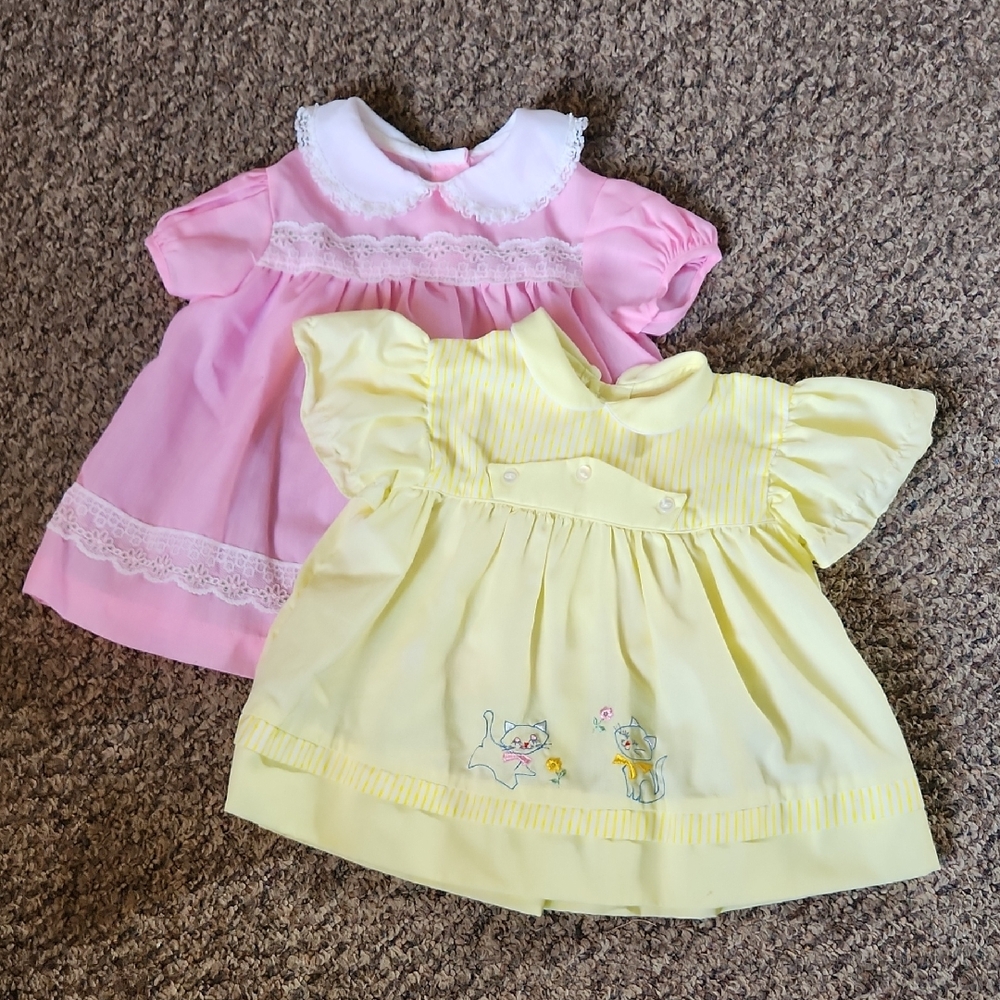 Vintage Pink and Yellow Baby Dresses with Lace and Embroidery